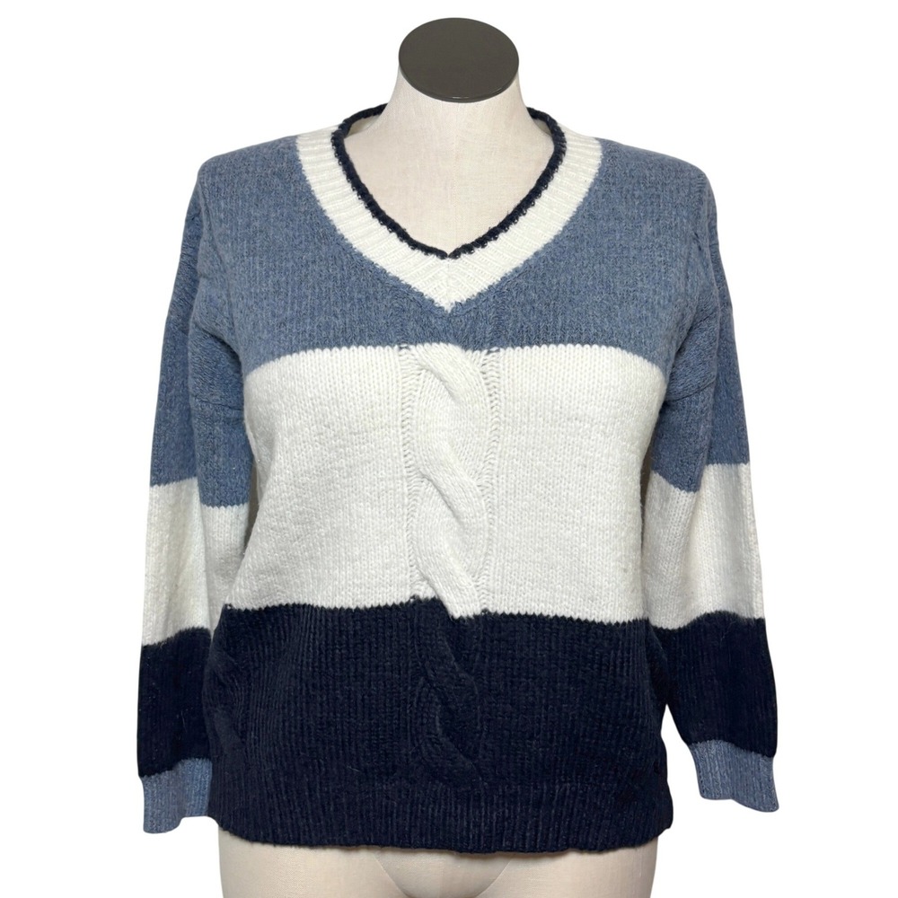 O&O Womens Blue White Colorblock Cable‎ Knit V-Neck Sweater Size M Nautical